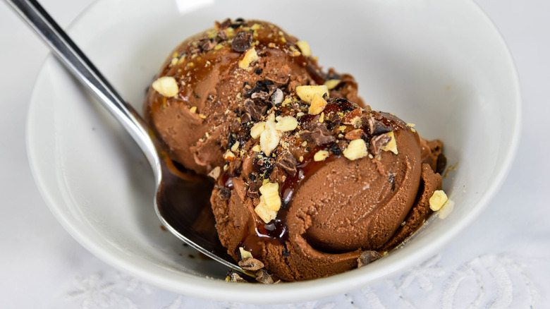 Chocolate ice cream with almonds and coca nibs in bowl