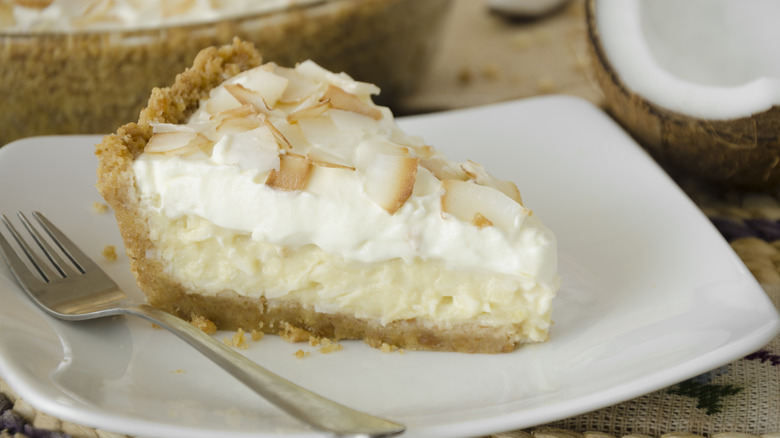 A slice of coconut cream pie