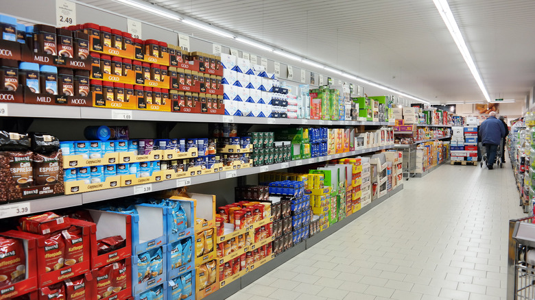 Aisles of coffee at Aldis supermarket