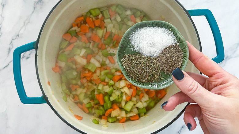 diced vegetables cooking in pot