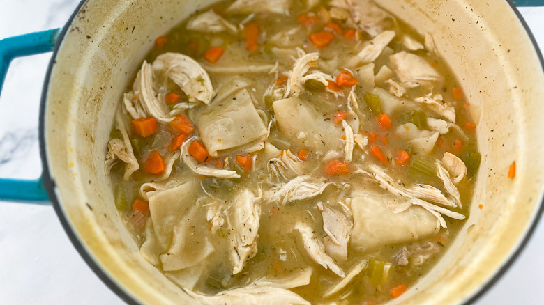 chicken and dumplings in pot