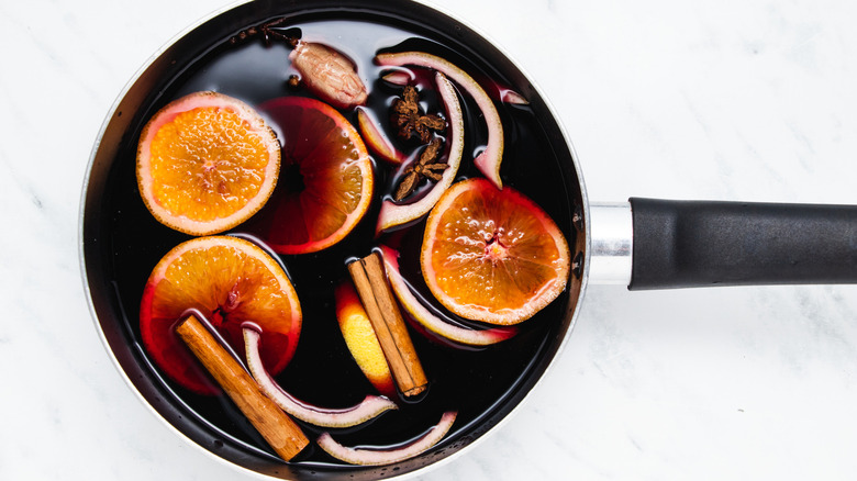 mulled wine ingredients in pan 