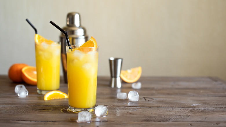 Glasses filled with orange drink, cocktail shaker behind