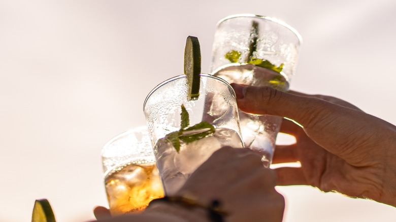 Glasses garnished with cucumbers raised to sky