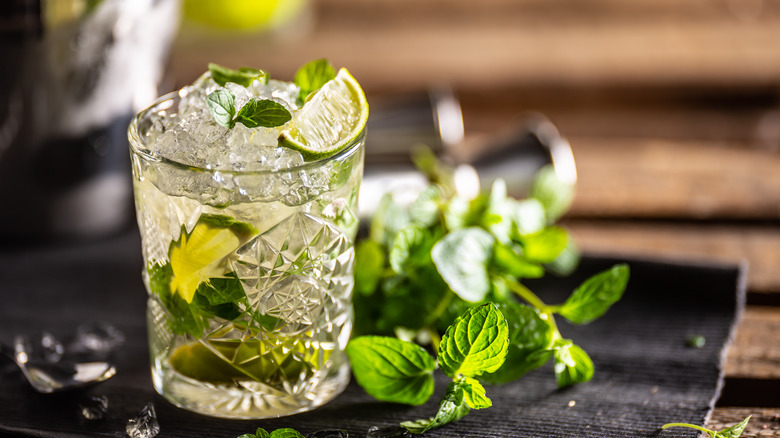 Mojito cocktail garnished with mint and limes