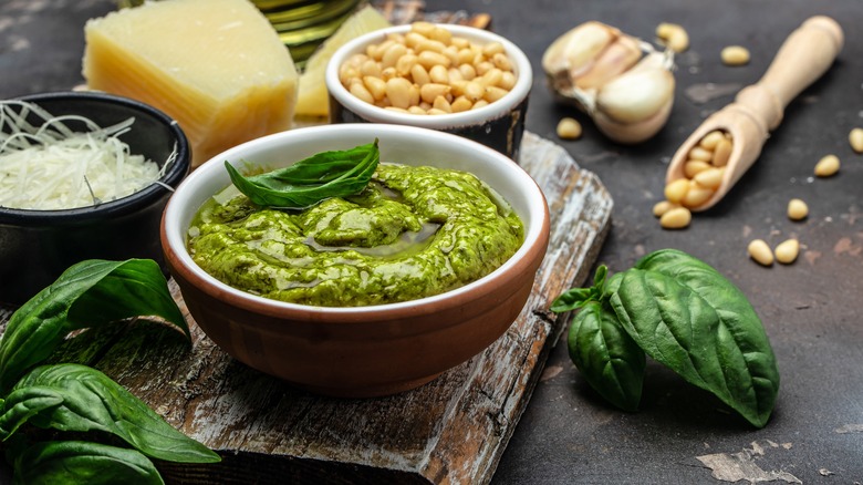 Pesto with ingredients in a bowl