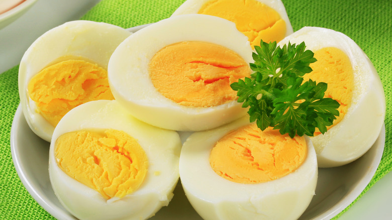 Plate of halved boiled eggs