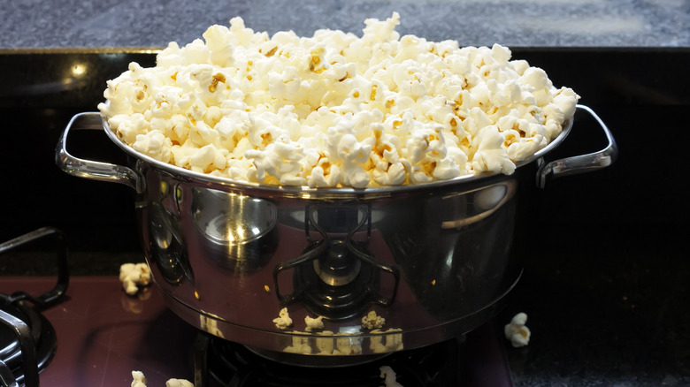 Stainless steel pot of popcorn