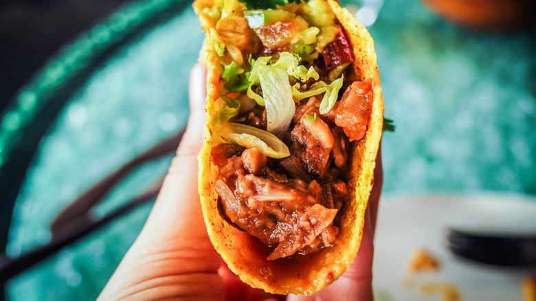 Person holding a jackfruit taco