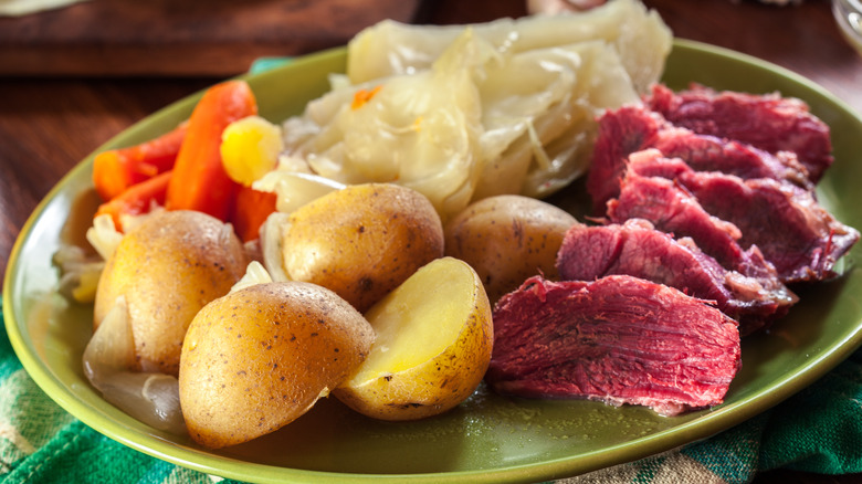 plate of corned beef, cabbage, and potatoes