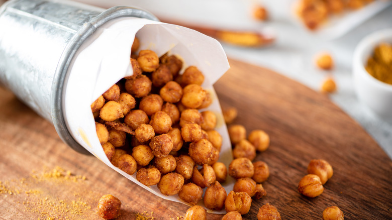 Crispy chickpeas on cutting board