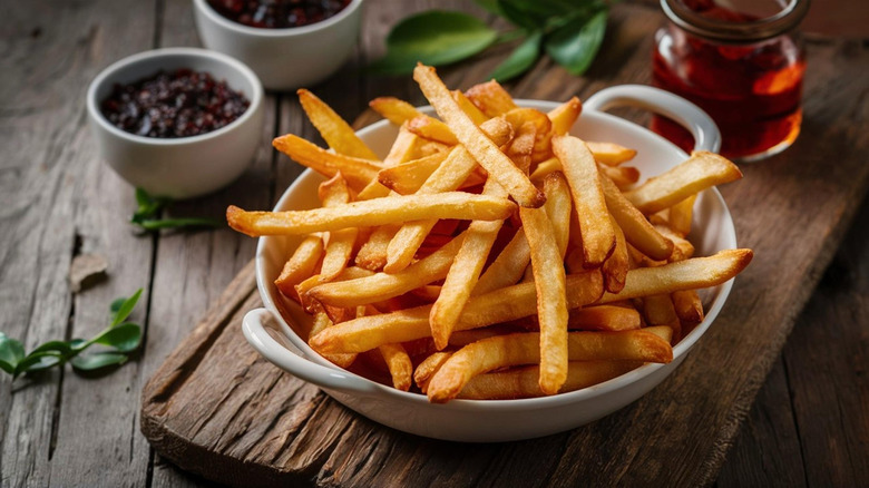 Bowl of fries on table