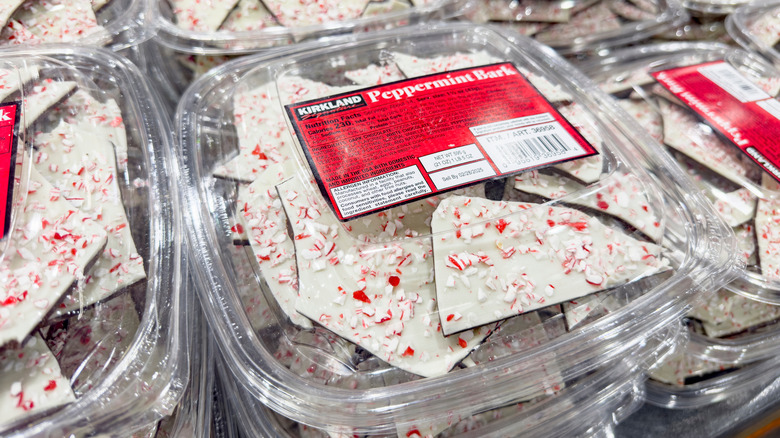 Containers of Kirkland Signature Peppermint Bark at Costco