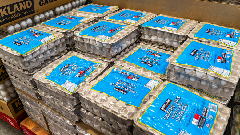 A pallet of Kirkland cage-free eggs on display at Costco