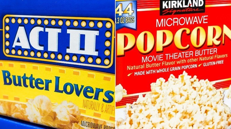 Act II and Kirkland microwaveable popcorn labels side by side