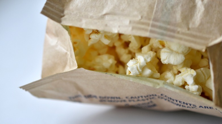 An open bag of an undisclosed brand of popcorn