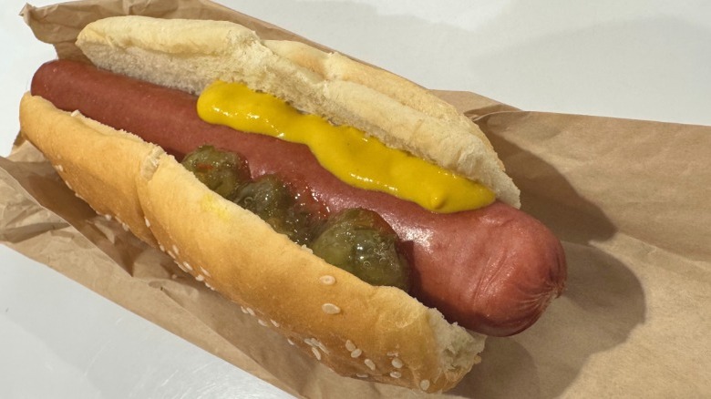 Costco hot dog with mustard and relish