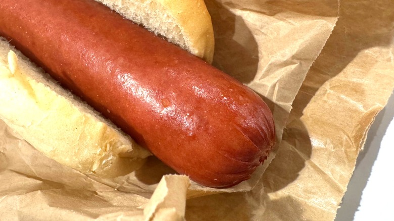 Close up of a hot dog in a bun