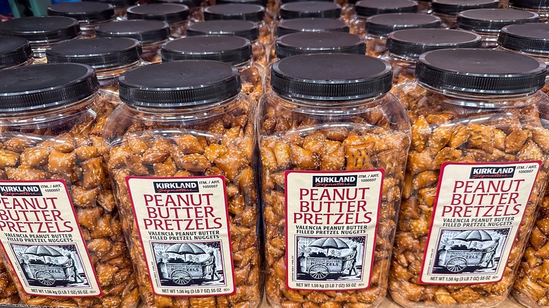 Many Kirkland peanut butter-filled pretzels on display