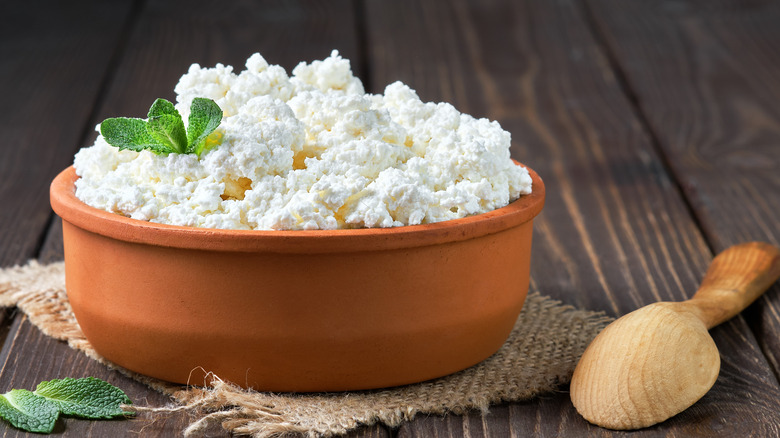 Cottage cheese in terracotta bowl