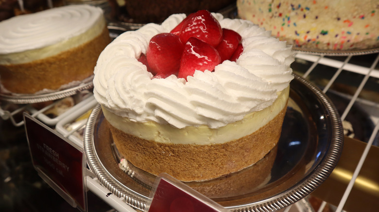 strawberry-topped cheesecake displayed at The Cheesecake Factory