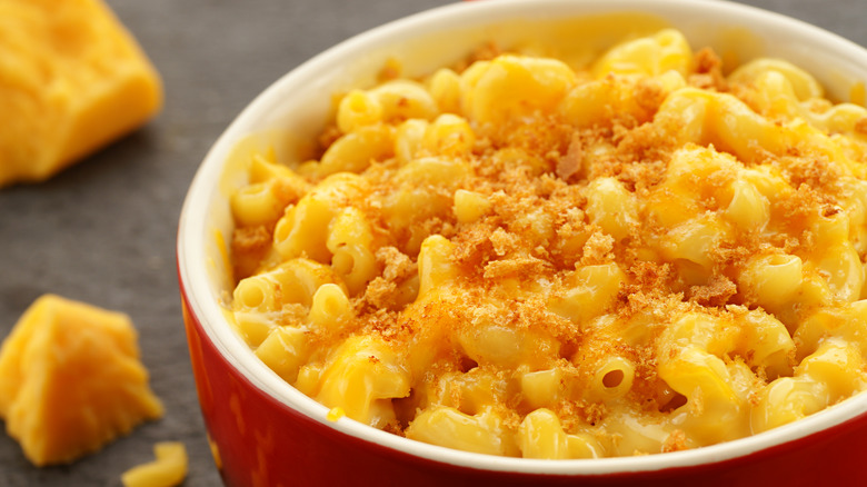 small bowl of mac and cheese with bread crumbs