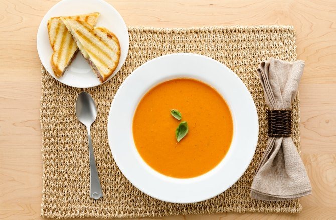 Cream of Tomato Soup with Fontina, Mushroom, and Truffle Grilled Cheese Sandwiches