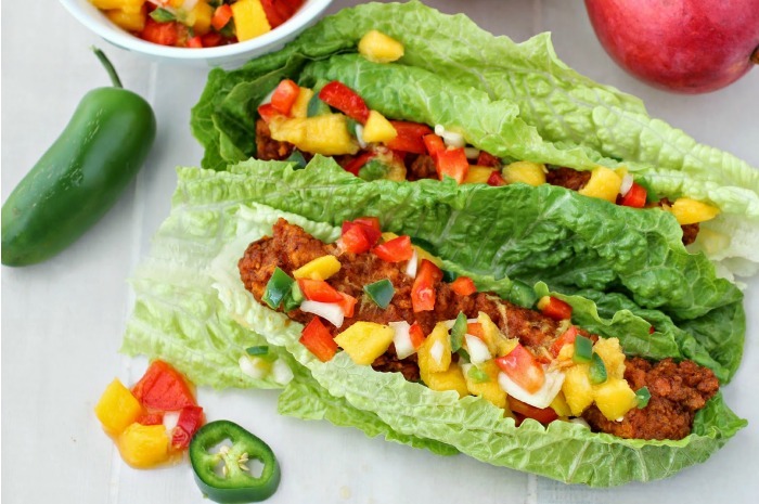 Buffalo Chicken Lettuce Wraps with Mango Salsa