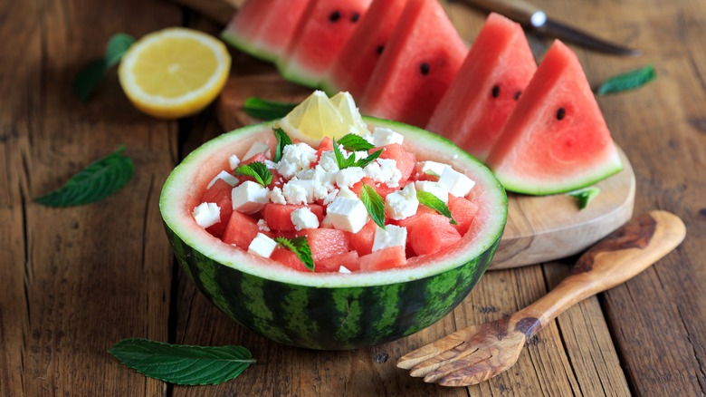 watermelon rind bowl with salad