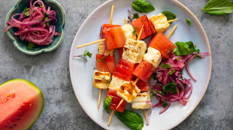 grilled watermelon and cheese skewers