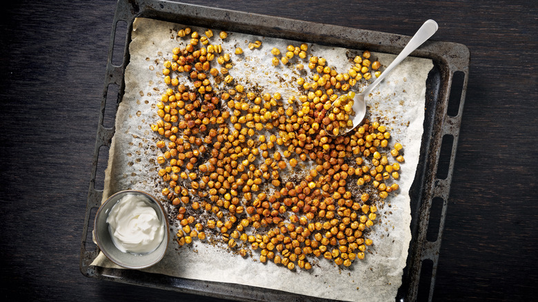 Crispy chickpeas on baking sheet