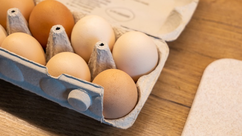 Egg carton on kitchen counter