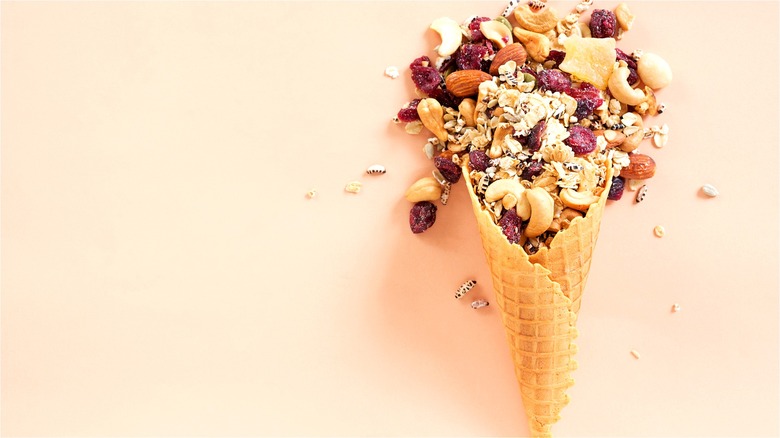 Waffle cone filled with granola 