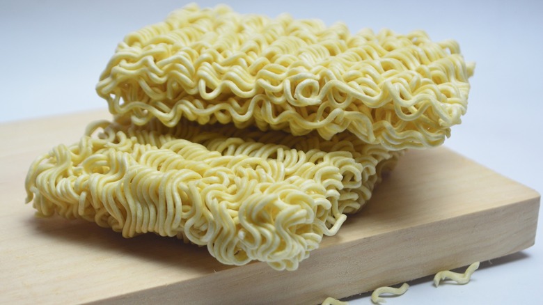 Ramen noodles on a board