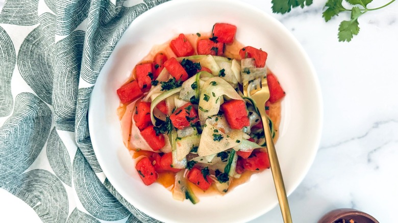 watermelon cucumber salad in bowl