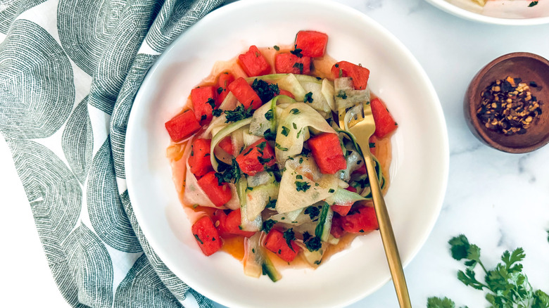 watermelon cucumber salad in bowl