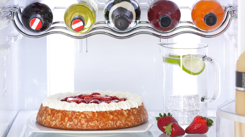 Strawberry cake inside a fridge