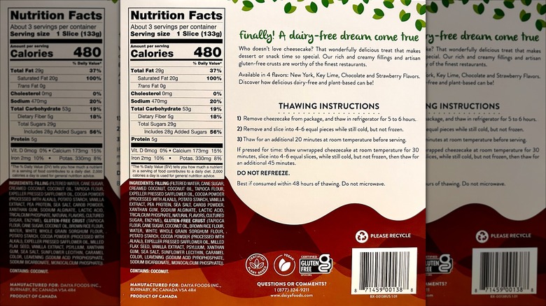 Nutritional label for Daiya chocolate cheezecake