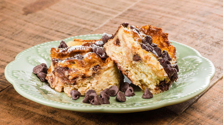 A piece of chocolate bread pudding on a plate