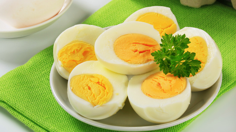 hard boiled eggs on white plate