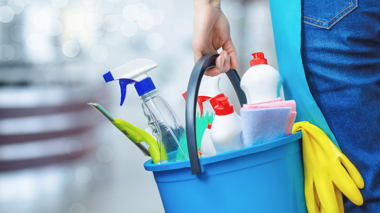 Numerous cleaning products in a bucket