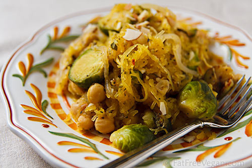 Spaghetti Squash with Roasted Brussels Sprouts and Chickpeas 