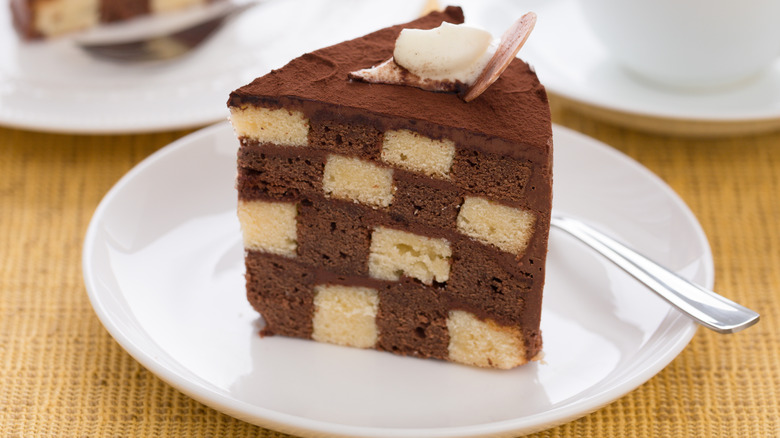 slice of chocolate checkerboard cake