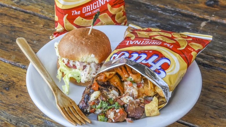 Frito pie and shredded pork bun