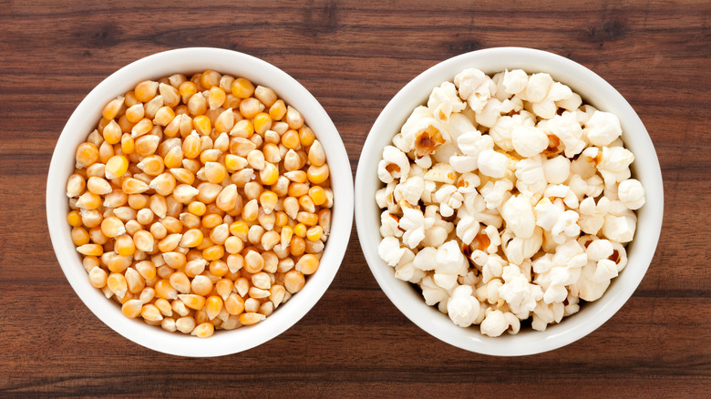 Popcorn kernels and popcorn in bowls