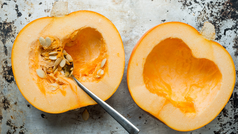 spoon scooping pumpkin squash seeds