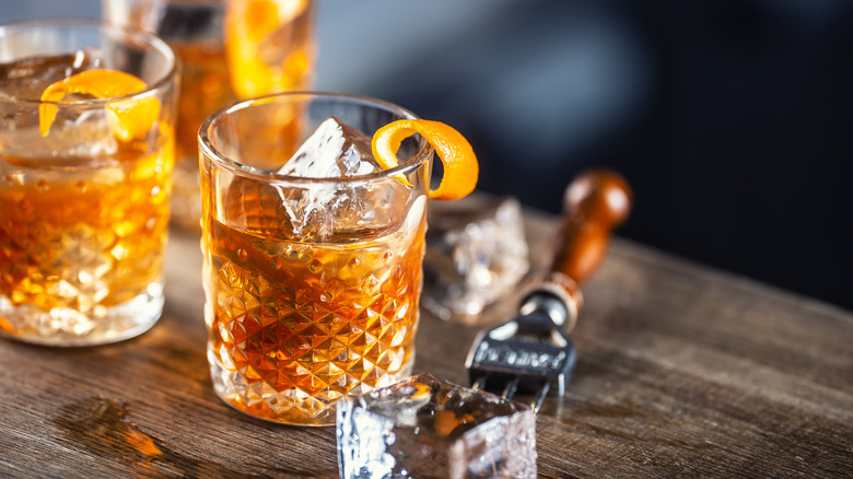 Old fashioned cocktail over ice