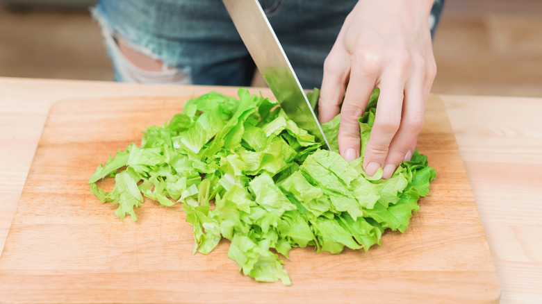 Person cutting lettuce with knife