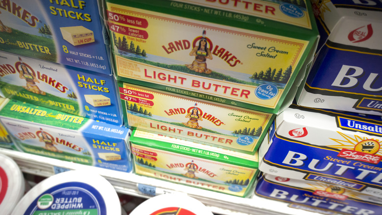 Butter on a shelf at a grocery store