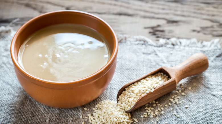 Bowl of tahini with sesame seeds